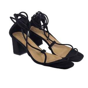 PrettyLittleThing Black Faux Suede Block Heel Size 10 Chunky Strappy Lace Up